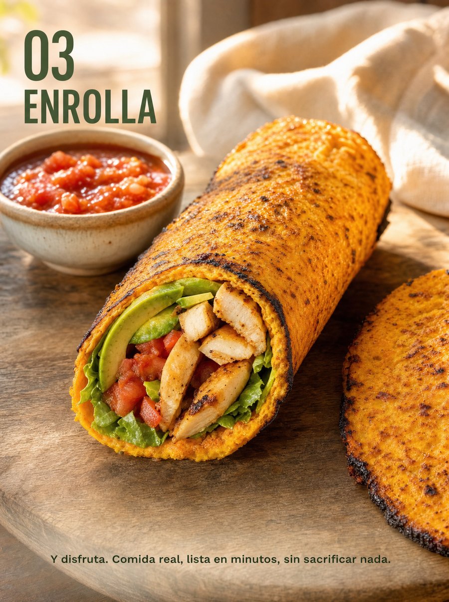 Paso 03 — Enrolla y disfruta. Comida real, lista en minutos, sin sacrificar nada.