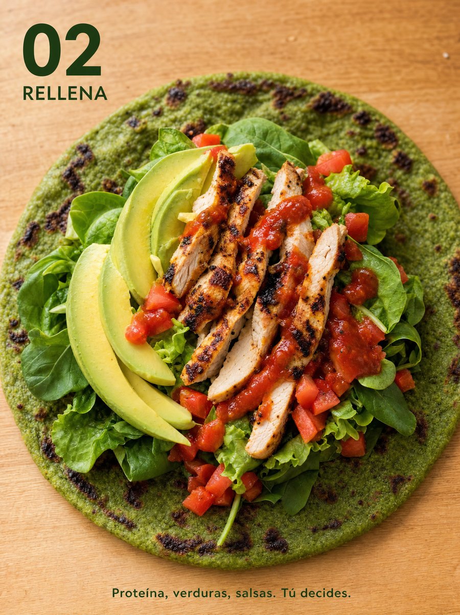 Paso 02 — Rellena: Proteína, verduras, salsas. Tú decides.